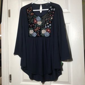 Rxb Embroidery blue women Top Tunic 3/4 Sleeve round neck Sz XL